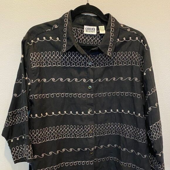 Chico's Design 100% Linen Black Boho Breezy Embroidery Button Up Shirt, Large - Picture 2 of 9